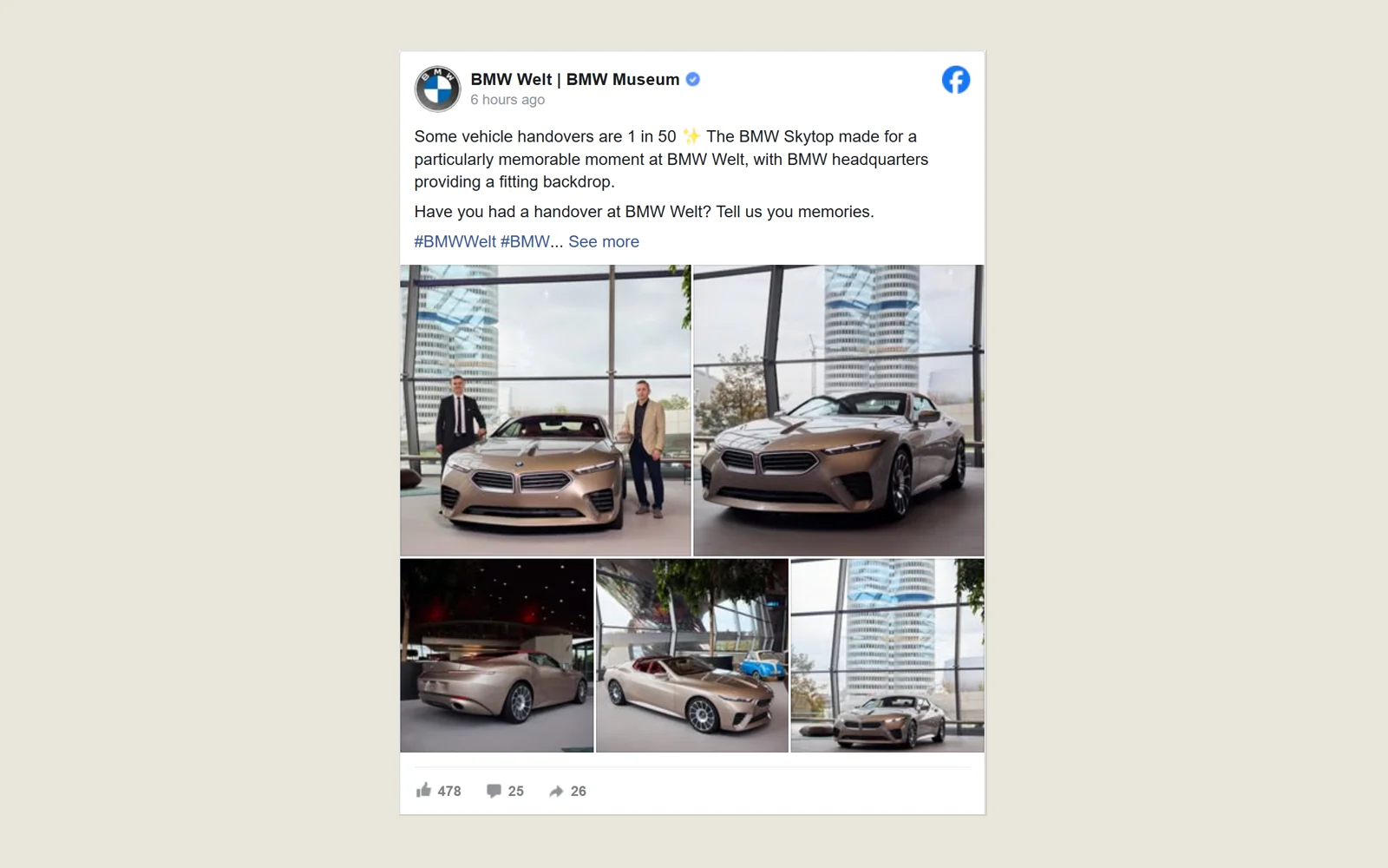 BMW Welt Facebook post about the handover of our BMW Skytop