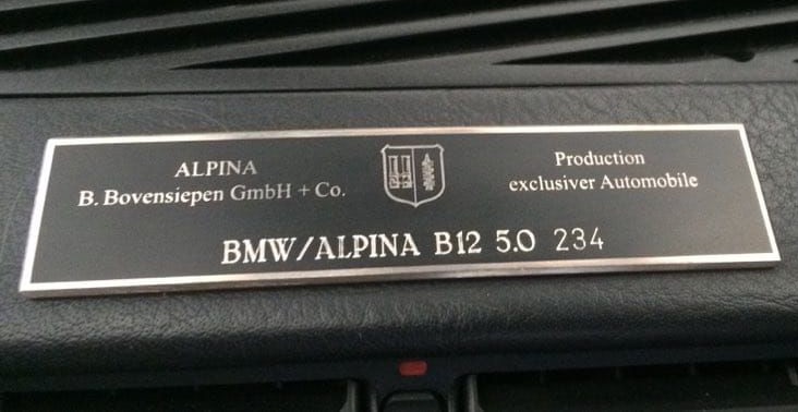 ALPINA production plaque reading BMW/ALPINA B12 5.0 234