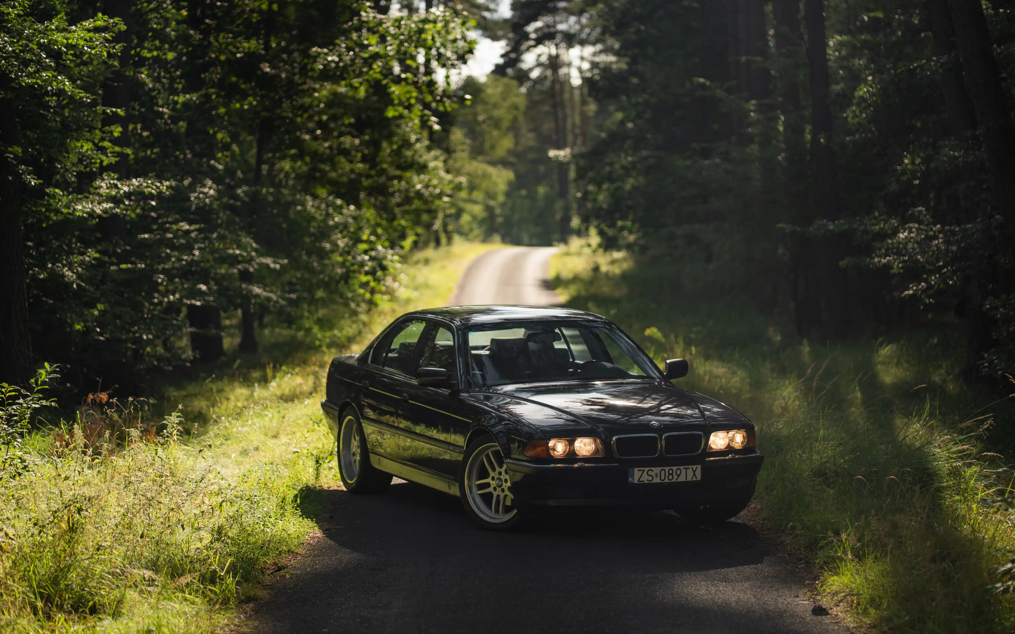 Schwarzer BMW 740i E38 aus unserer Sammlung auf einer Waldstraße
